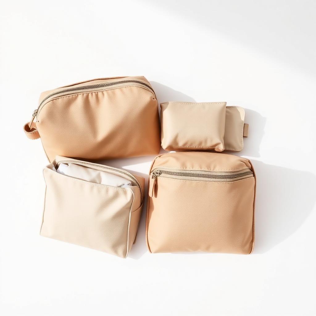 Set of sand-coloured travel pouches and packing cubes