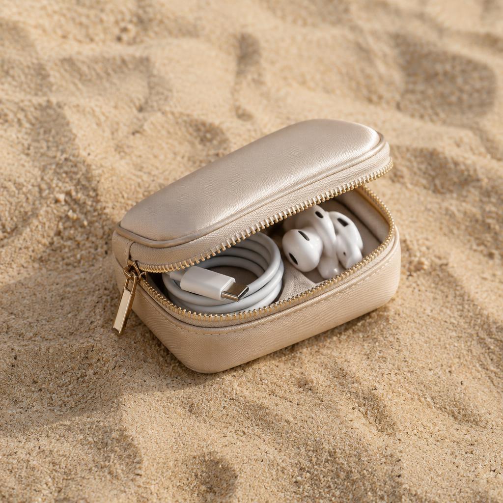 Small champagne zipped pouch holding a charging cable and wireless earbuds on sand