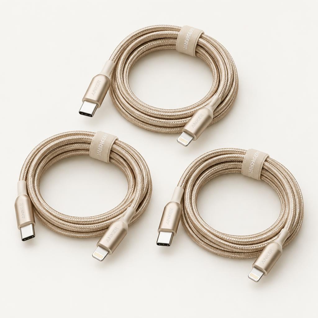 Set of three braided charging cables in champagne