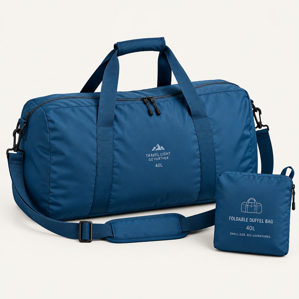 Foldable 40-litre ocean-blue travel duffel with handles, shoulder strap and storage pouch.