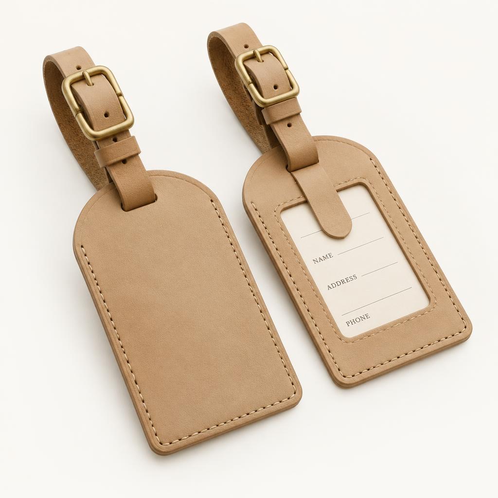 Pair of sand-coloured leather luggage tags