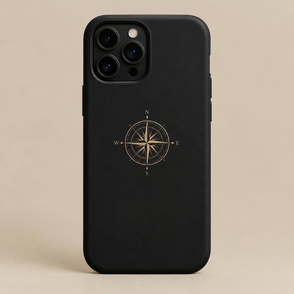 Compass phone case with gold compass rose motif
