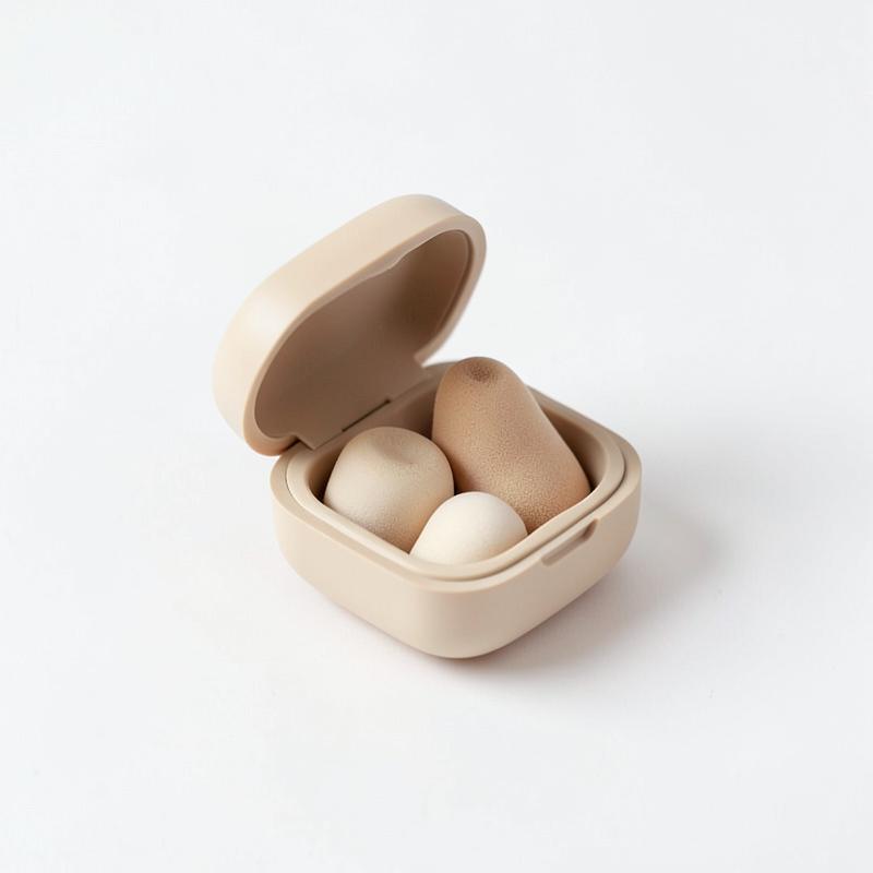 Foam travel earplugs in a small sand-beige travel case