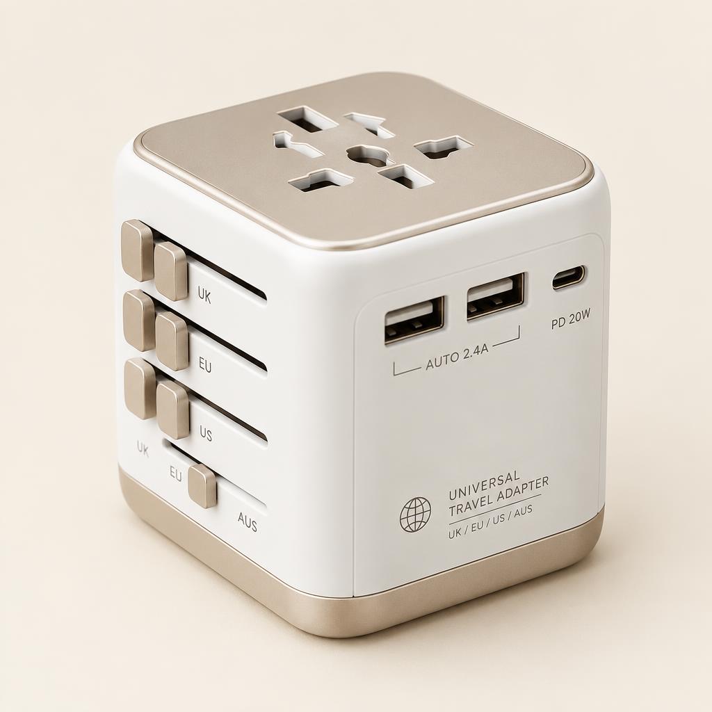 Méridien universal travel adapter in white and champagne