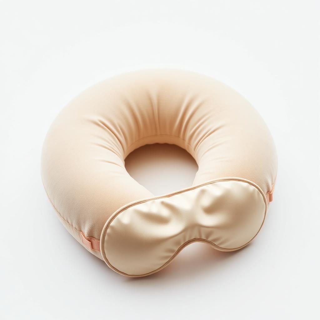 Memory foam travel neck pillow in sand beige with a matching eye mask