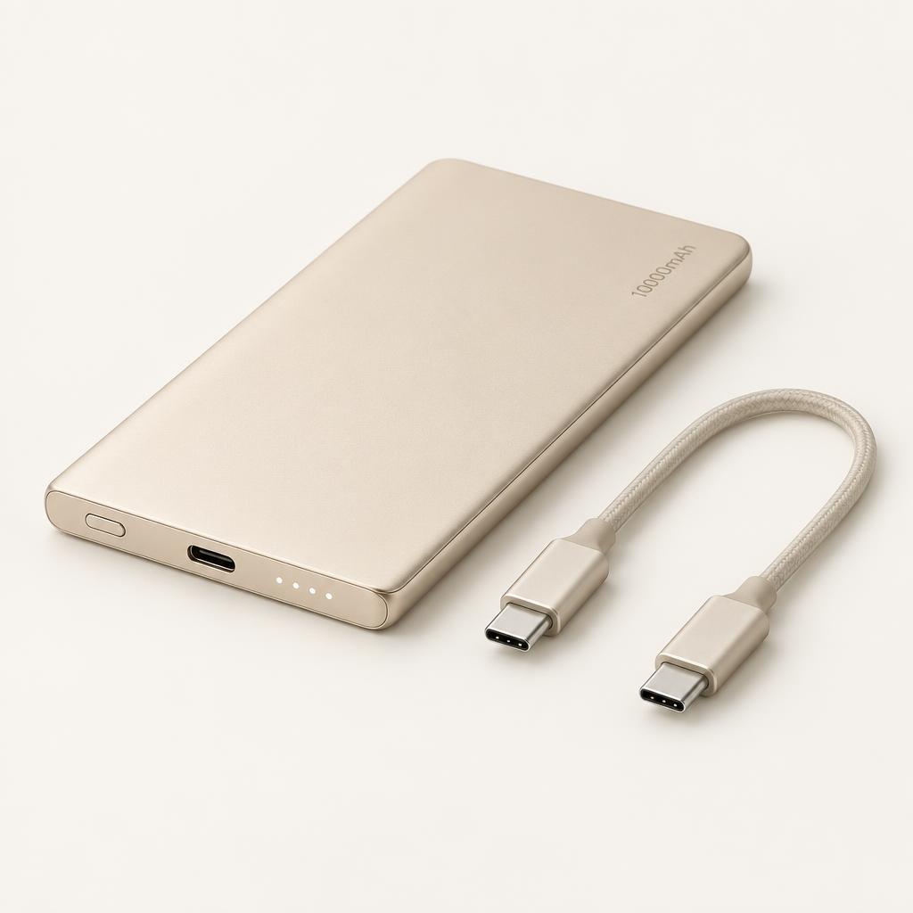 Slim champagne 10,000 mAh power bank with USB-C port, LED indicator and short cable.