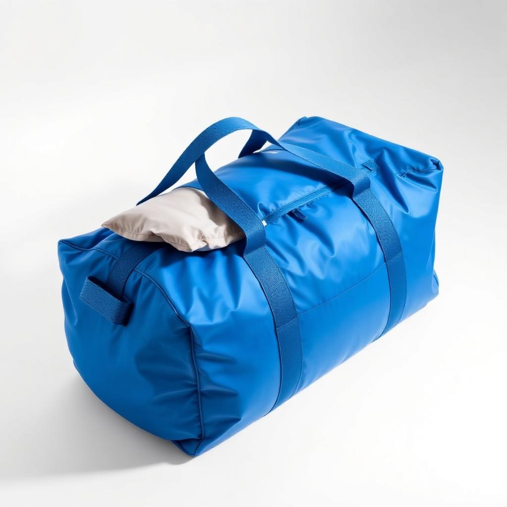 Foldable ocean blue packable travel duffel bag with its pouch