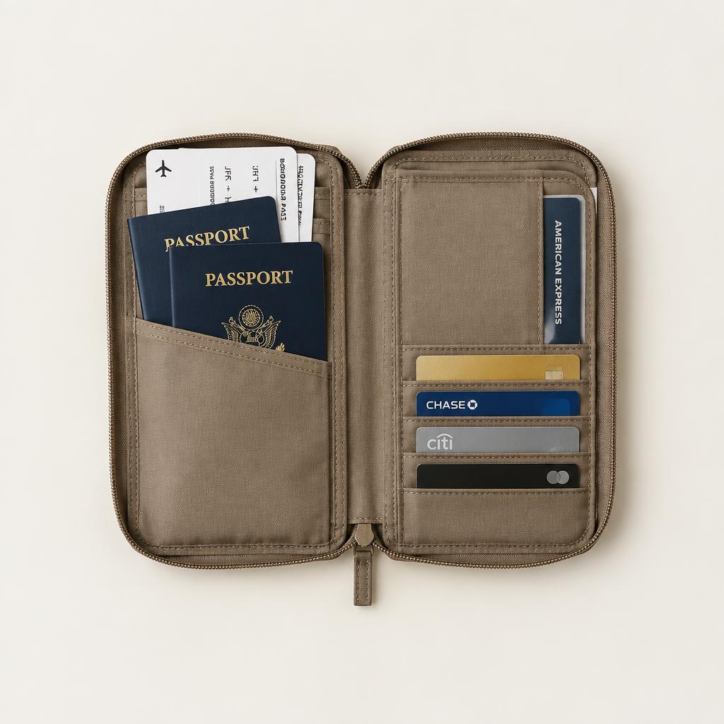 Slim travel document pouch with passports, boarding passes and card slots.