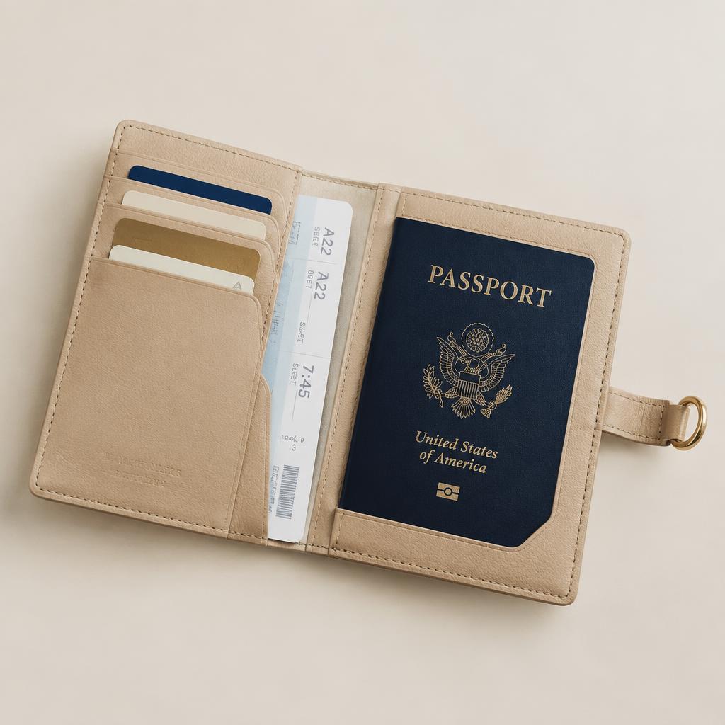 Open sand-beige travel wallet holding a passport, a boarding pass and several cards