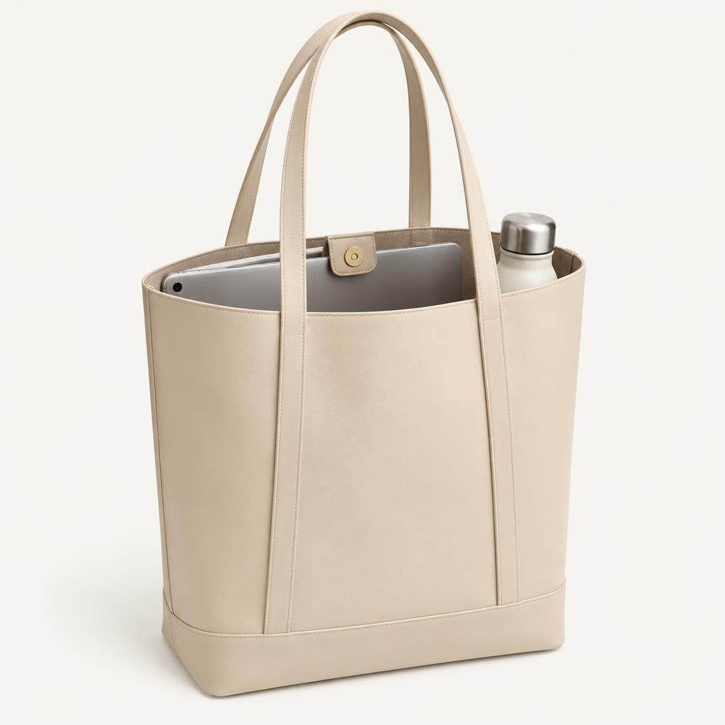 Structured champagne travel tote with long handles and organised interior.