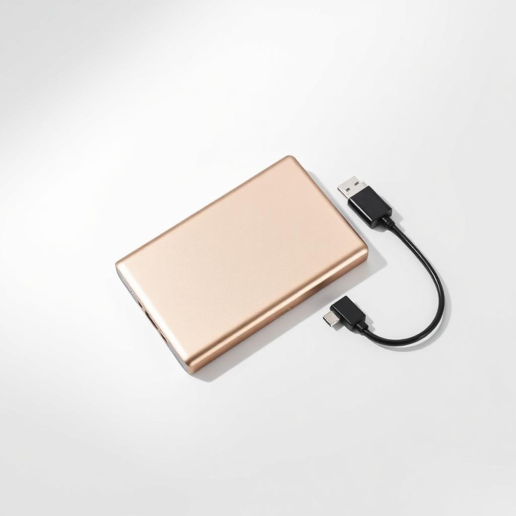 Slim champagne pocket power bank with a short USB-C cable