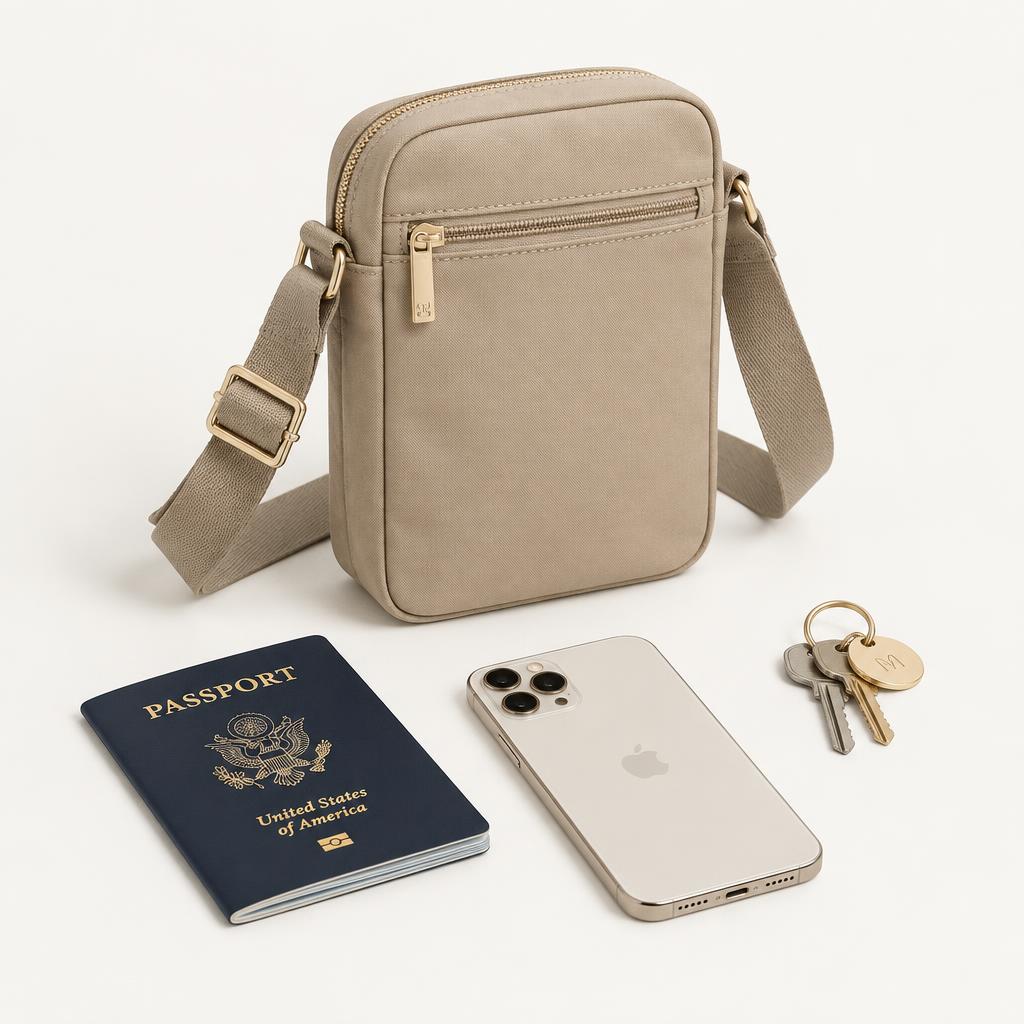Compact sand-coloured travel crossbody bag with adjustable strap and zipped pocket.