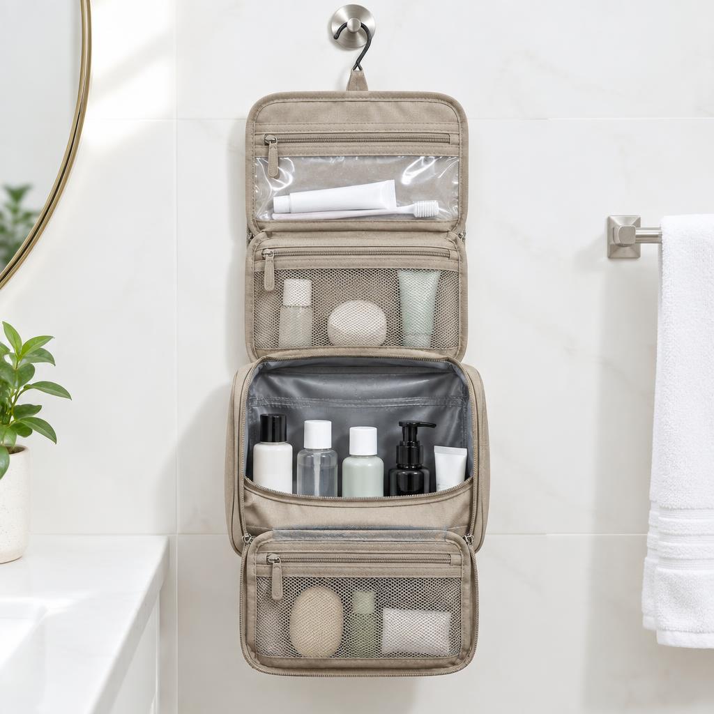 Open sand-coloured hanging wash bag with hook, compartments and travel toiletries.