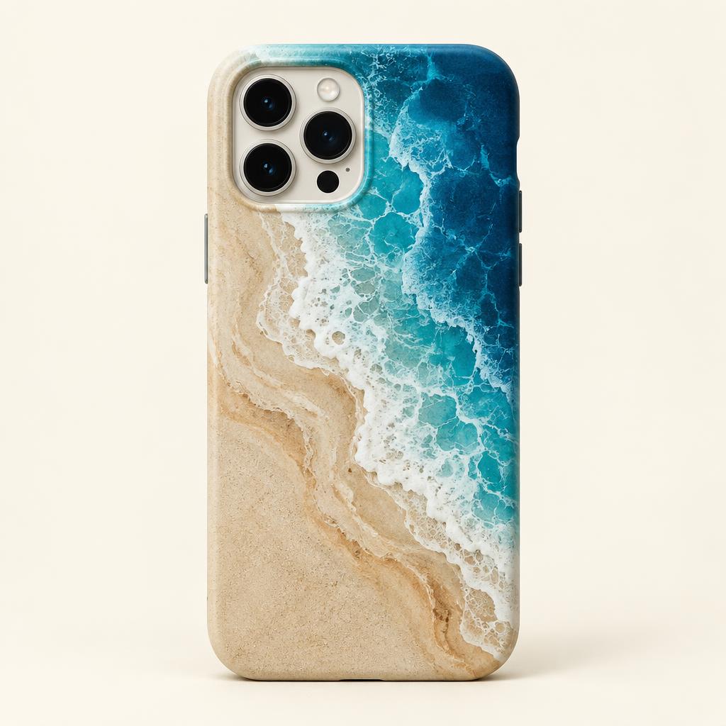 Shoreline phone case with sand and ocean-blue pattern