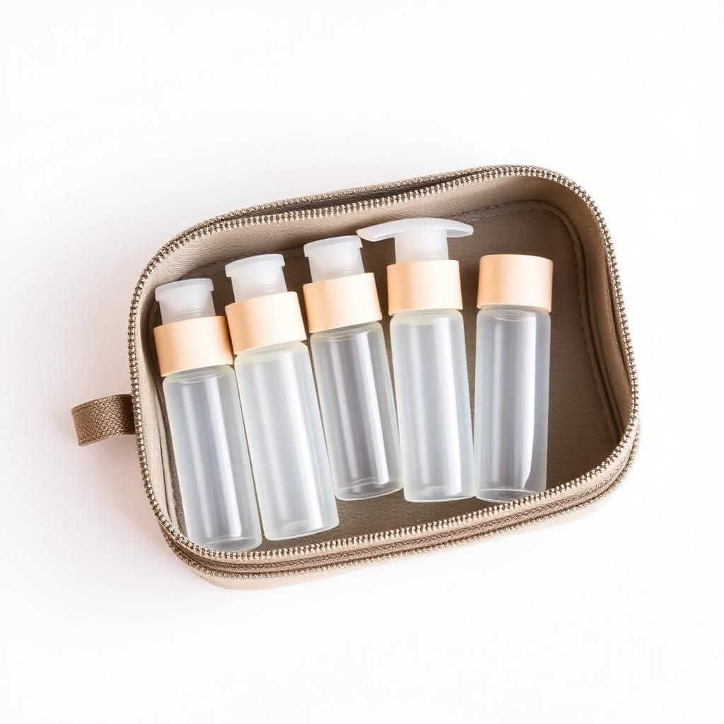 Refillable travel toiletry bottles with beige caps in a compact zip case