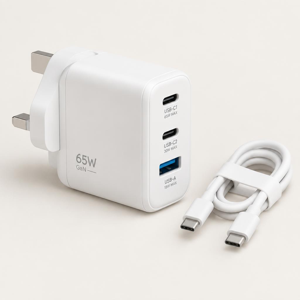 Compact 65W GaN wall charger with folding pins, two USB-C ports and one USB-A port.