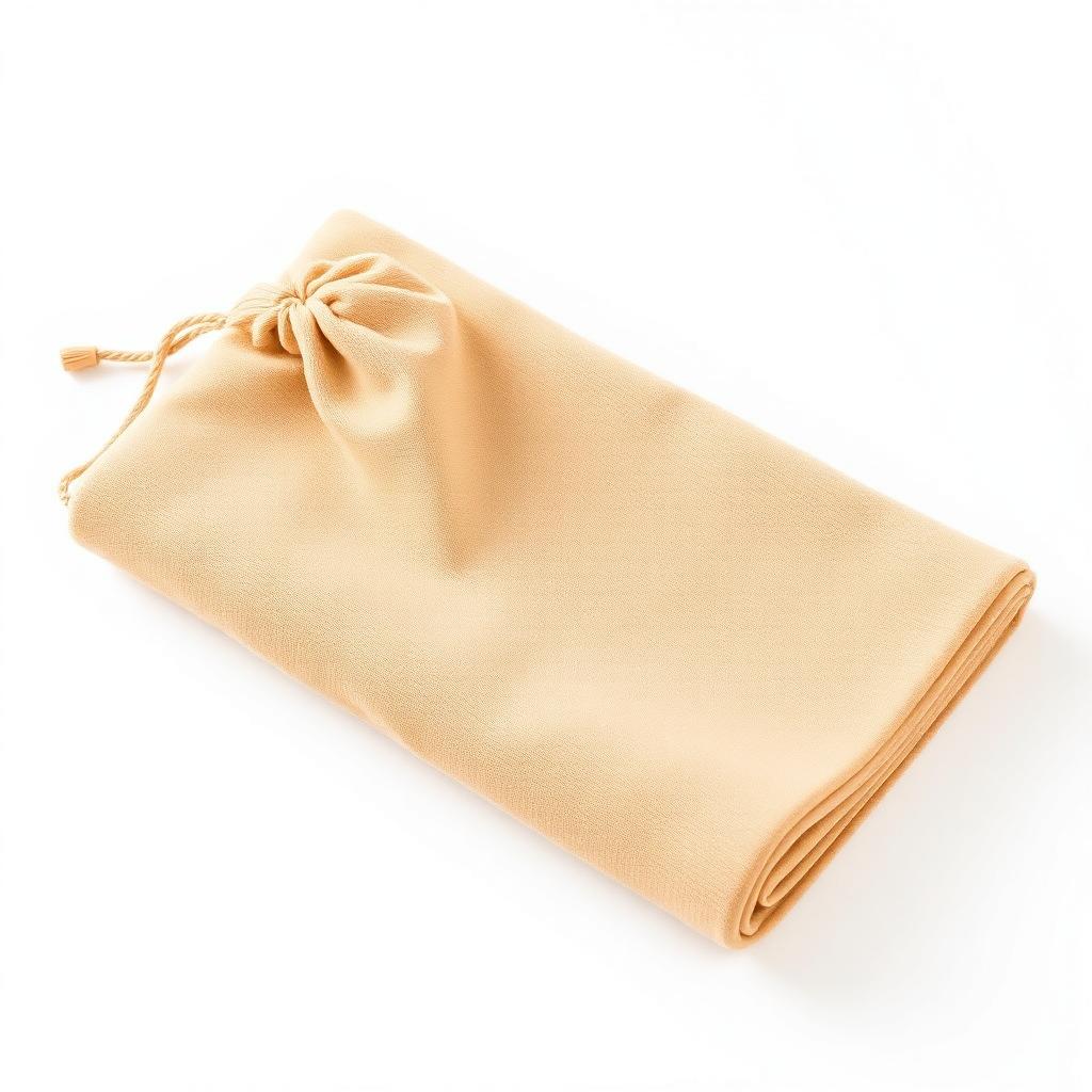 Folded sand-beige microfibre quick-dry travel towel with pouch