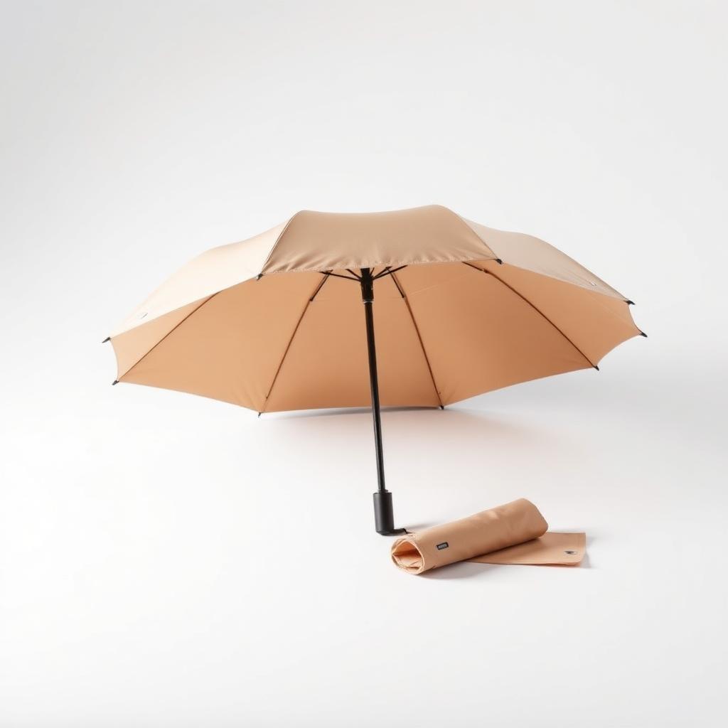 Compact folding travel umbrella in sand beige with sleeve