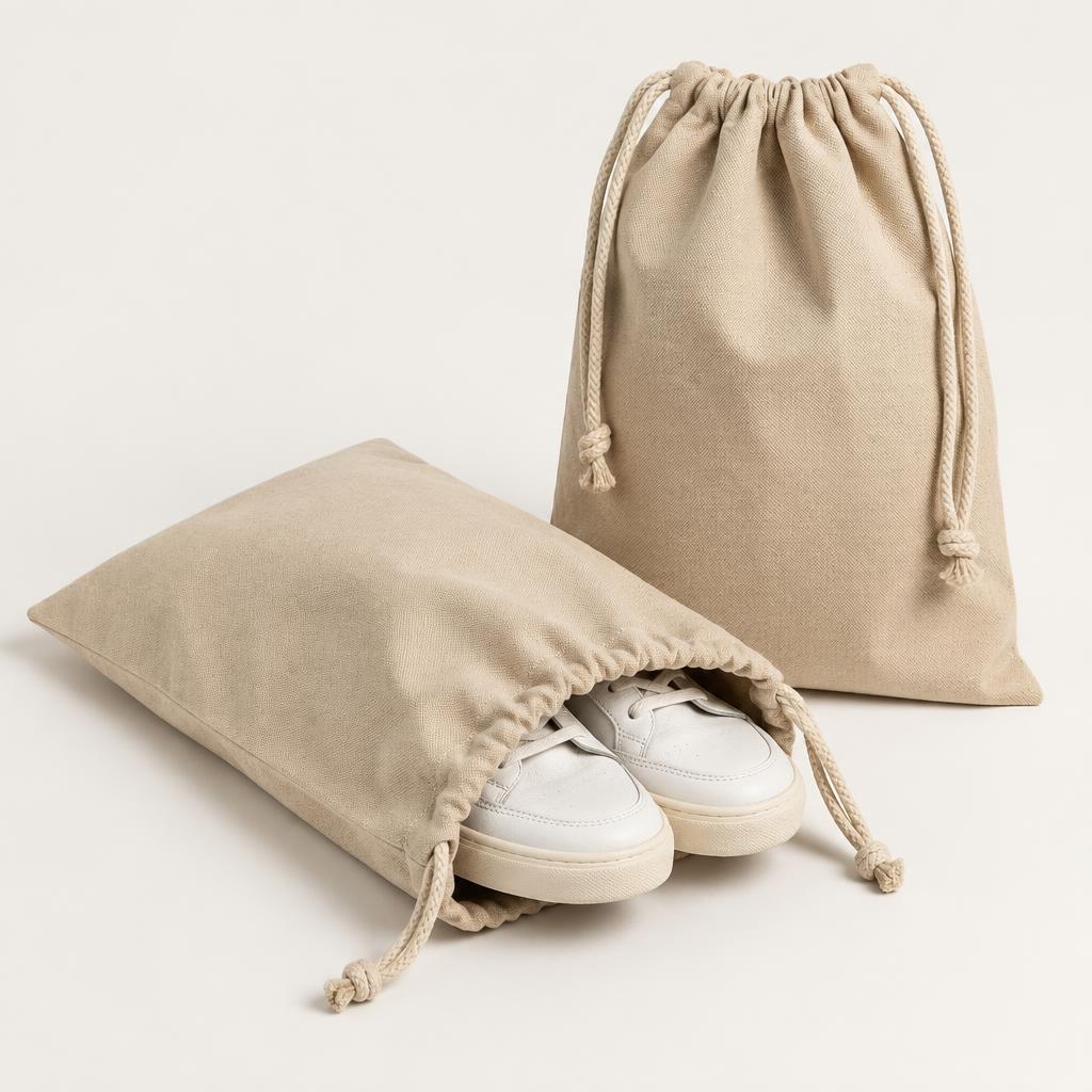 Set of two drawstring travel shoe bags in sand fabric